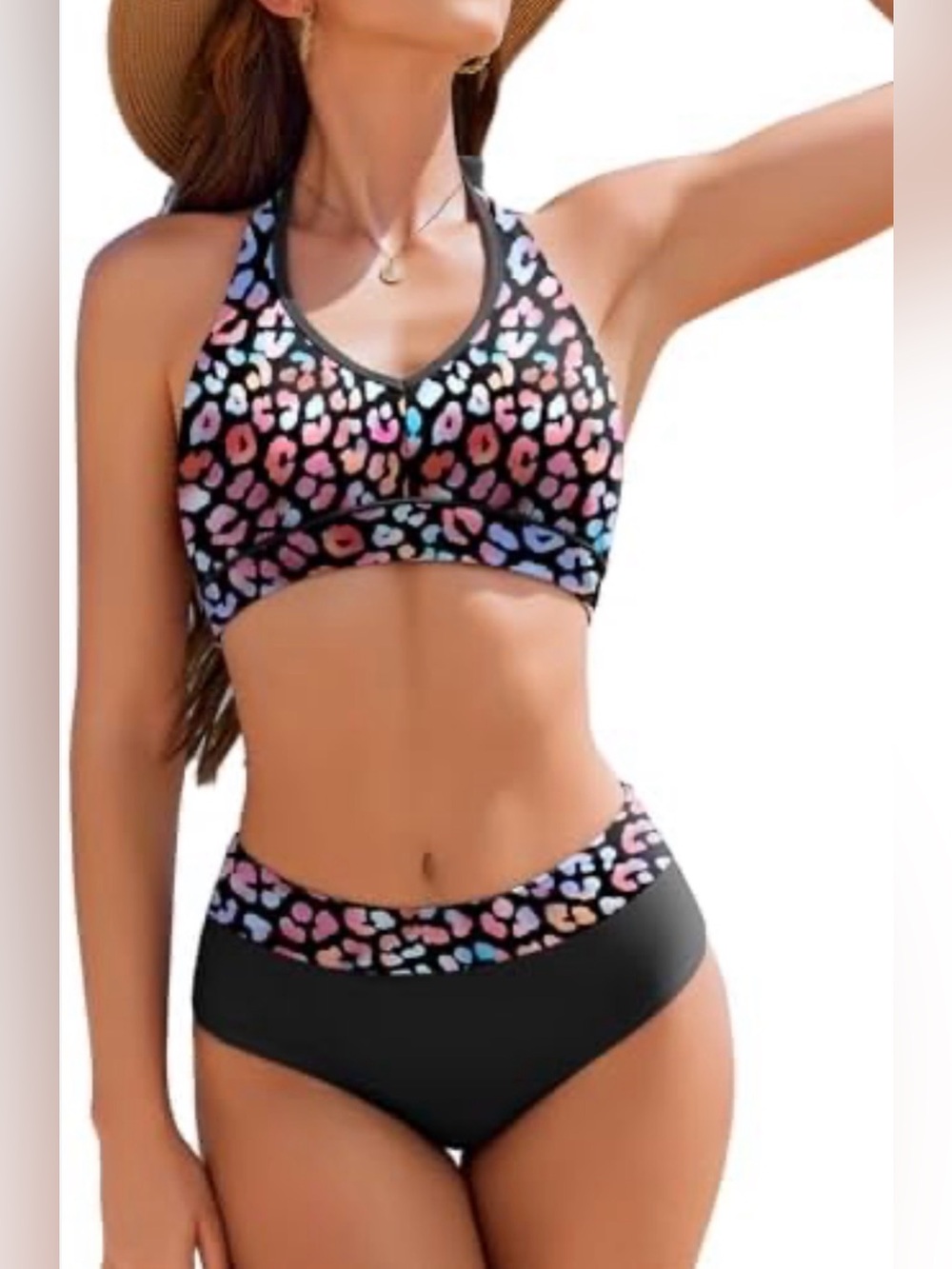 Black Bikini Set with Multicolor Leopard Print Accents
